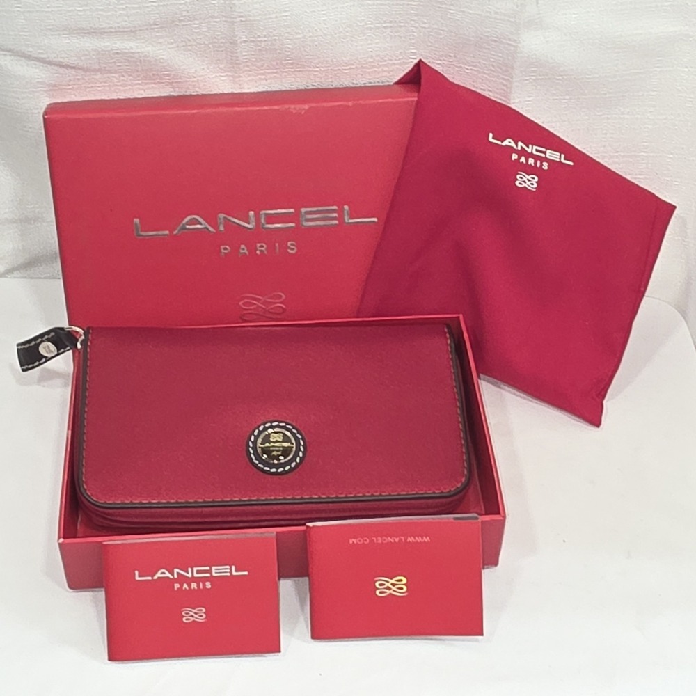 Lancel Paris Small Companion Pouch Red with Box Dust Bag & Books Clutch Purse